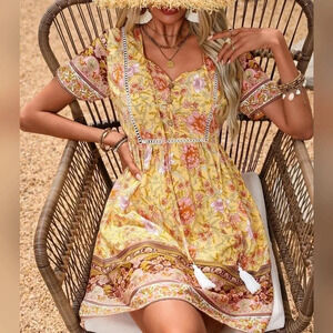 NEW Boho Tie Neck Tassel Floral Short Dress Blue ,Pink (100% Viscose)